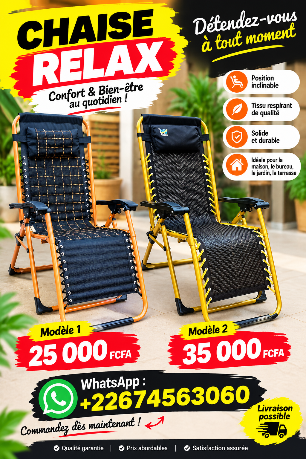 Chaise Relax pliable inclinable - 2 modèles disponibles