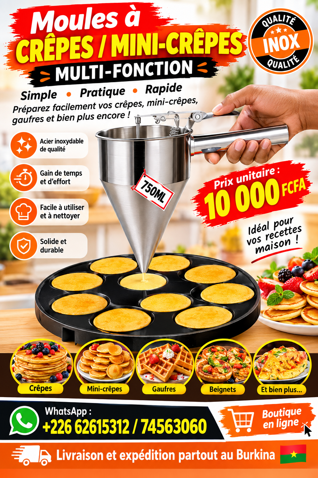 Moule à crêpes/mini-crêpes multi-fonction en inox 750ml