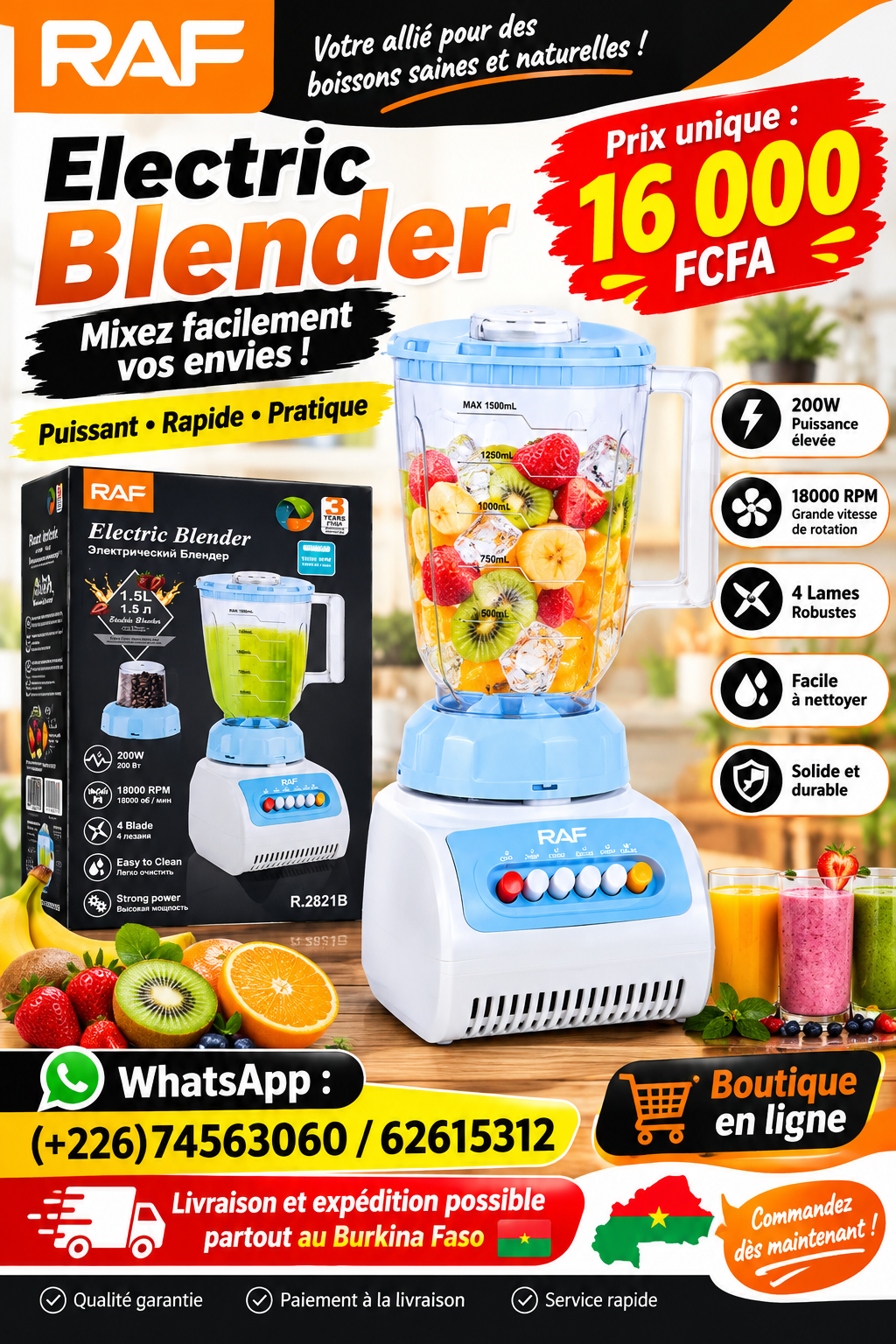 Blender électrique RAF 1.5L - 200W, 4 lames